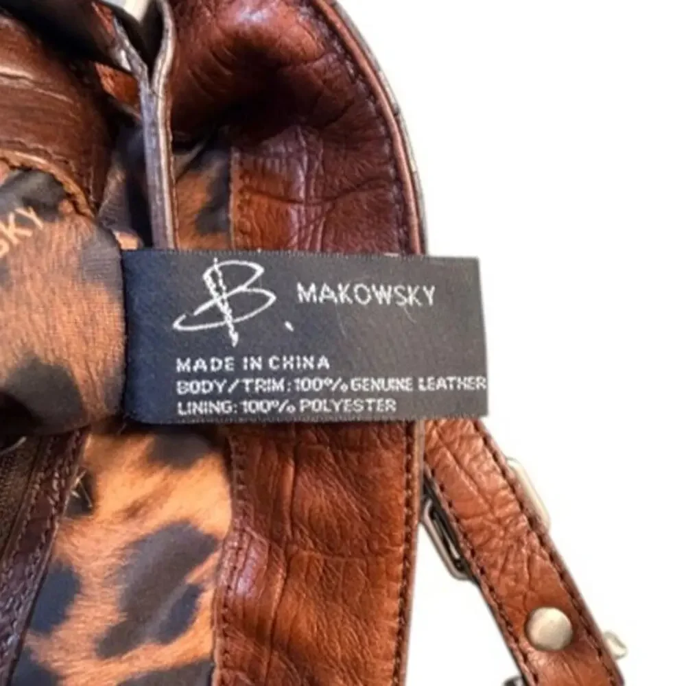 B Makowsky Brown Leather Satchel Croc Embossed Shoulder Bag Large Designer Tote